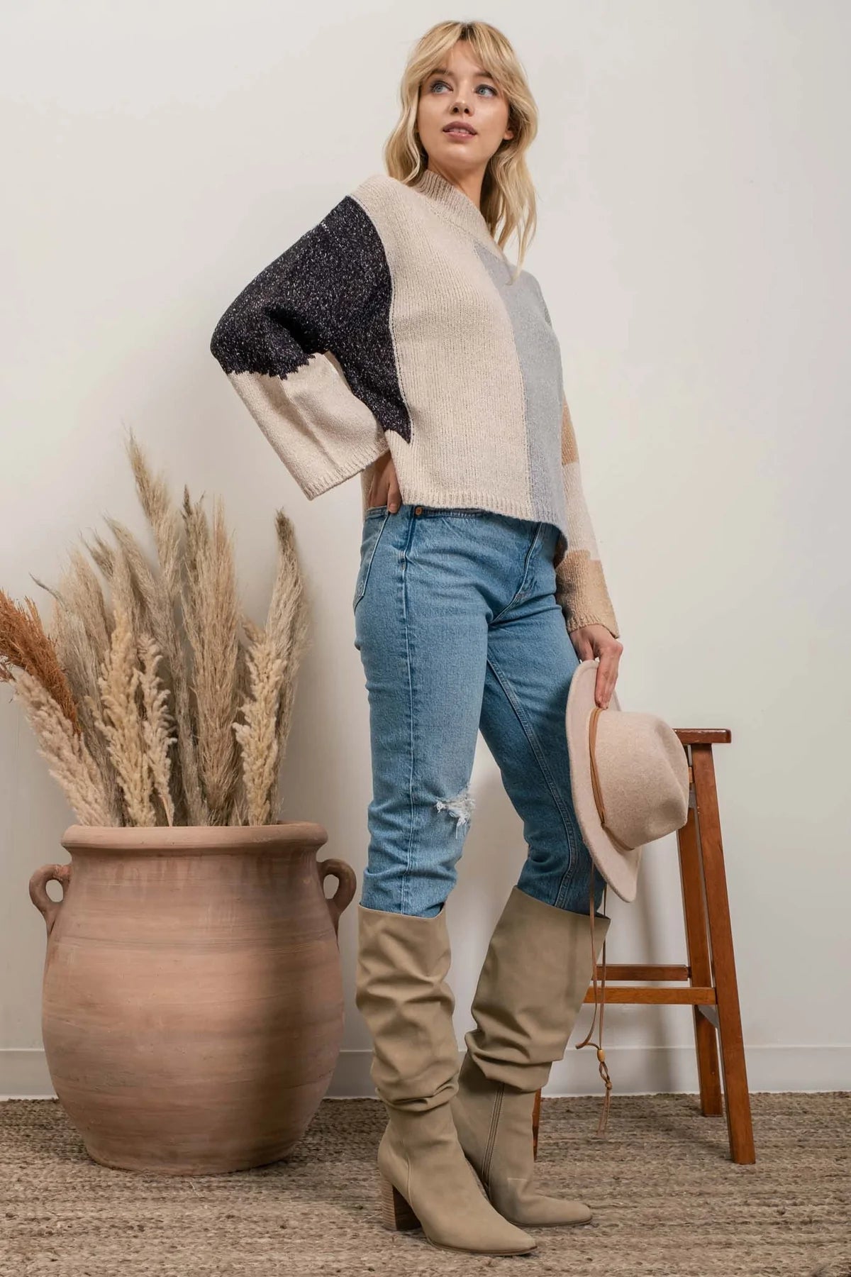 Oatmeal Colorblock Pullover Sweater
