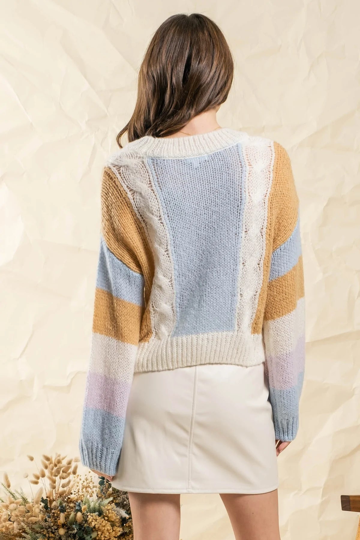 Colorblock Cable Knit Sweater - Blue Multicolored