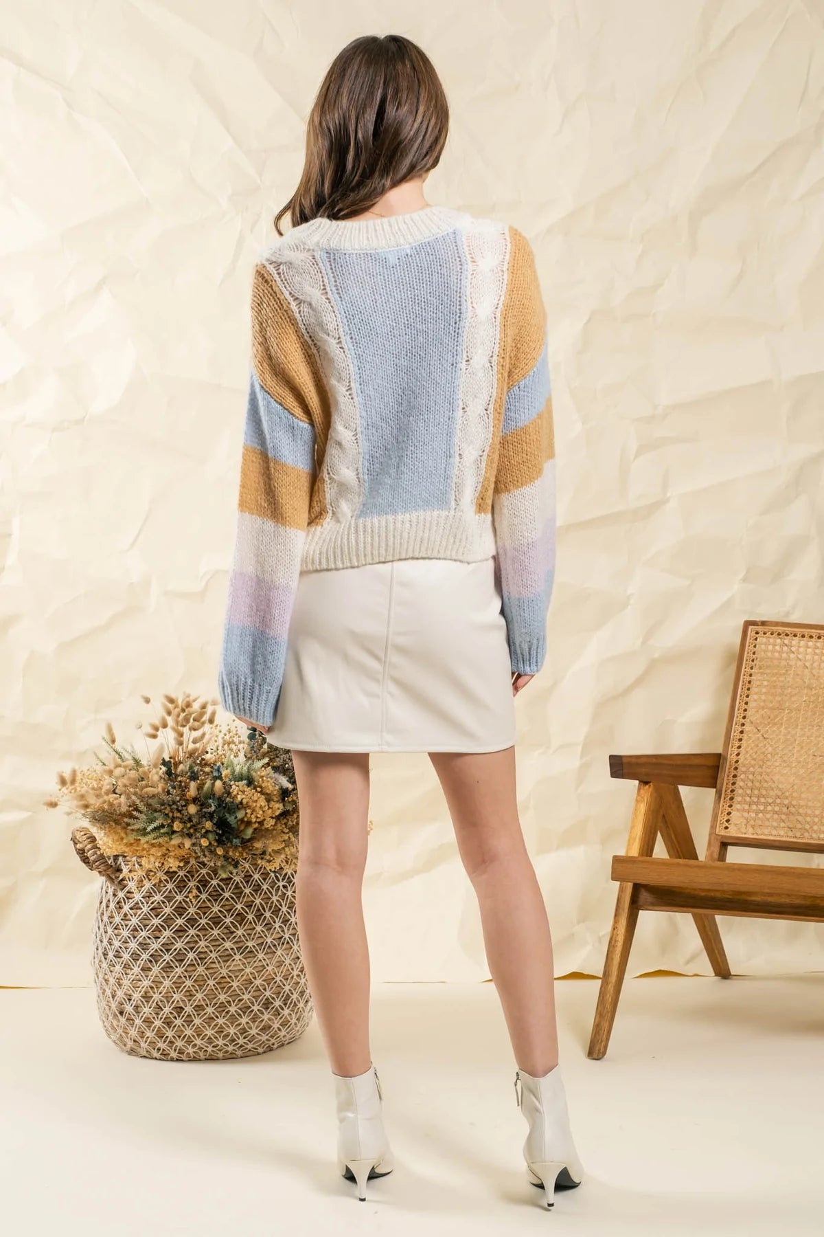 Colorblock Cable Knit Sweater - Blue Multicolored