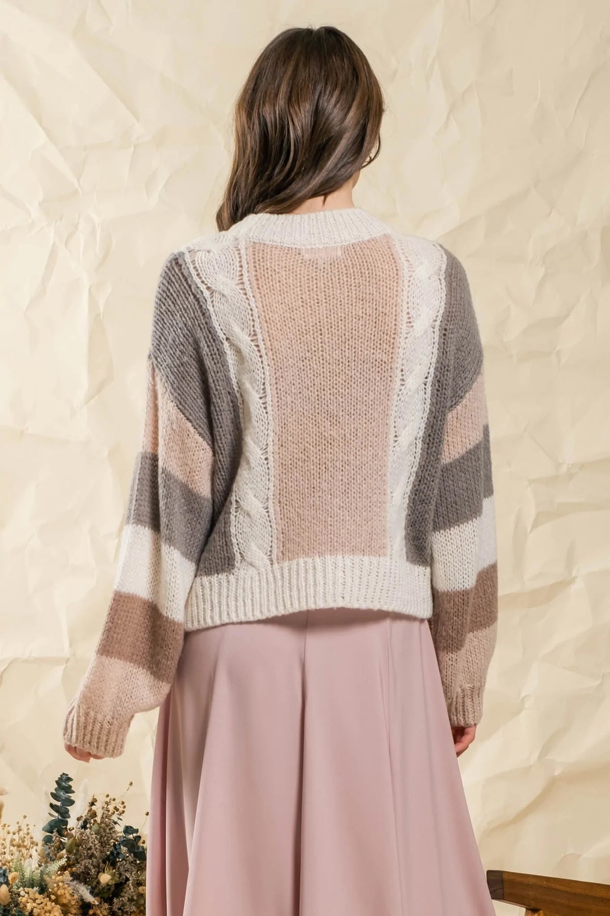Colorblock Cable Knit Sweater - Light Khaki Multicolored
