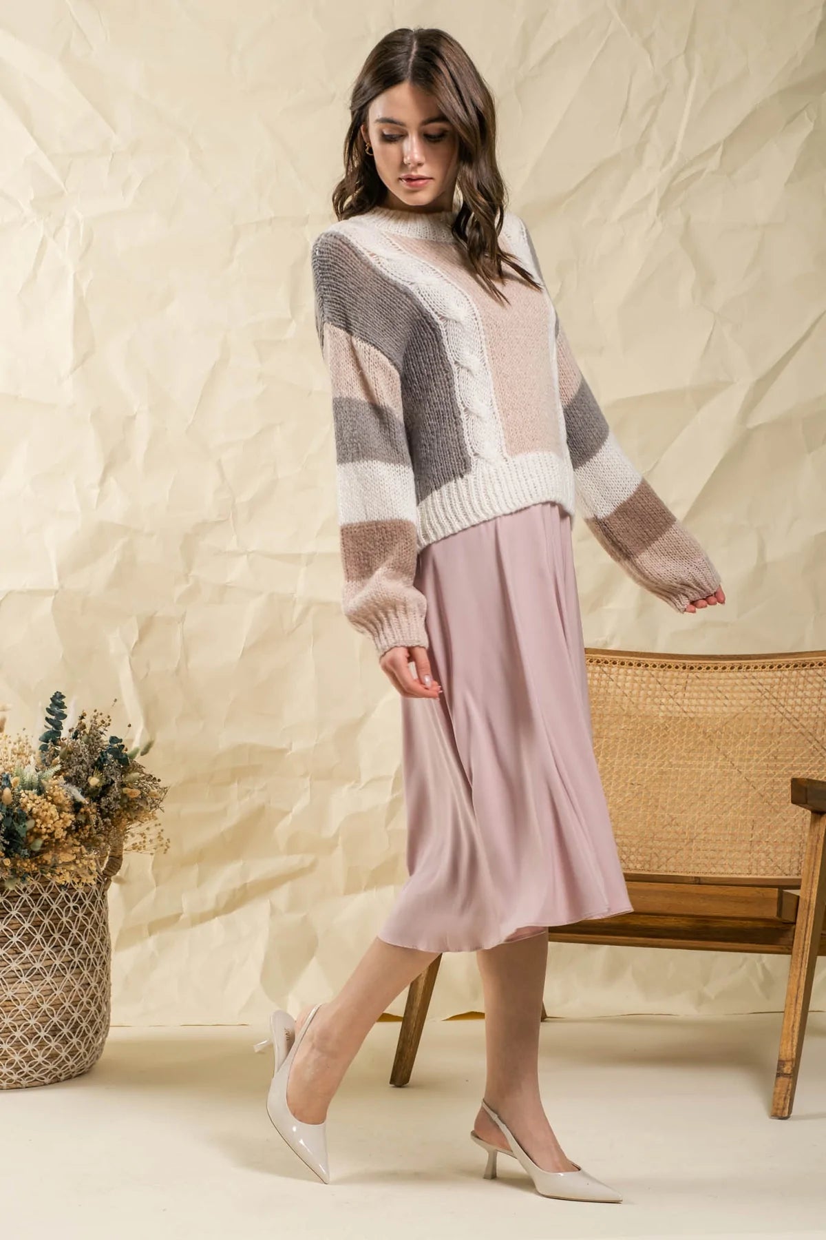 Colorblock Cable Knit Sweater - Light Khaki Multicolored