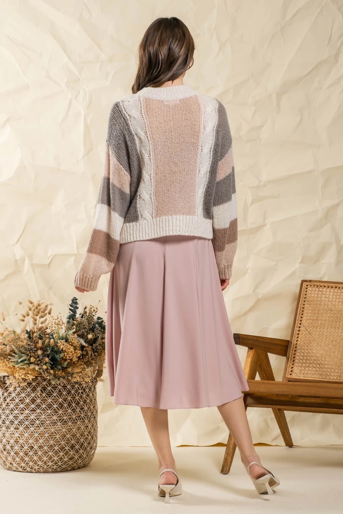 Colorblock Cable Knit Sweater - Light Khaki Multicolored