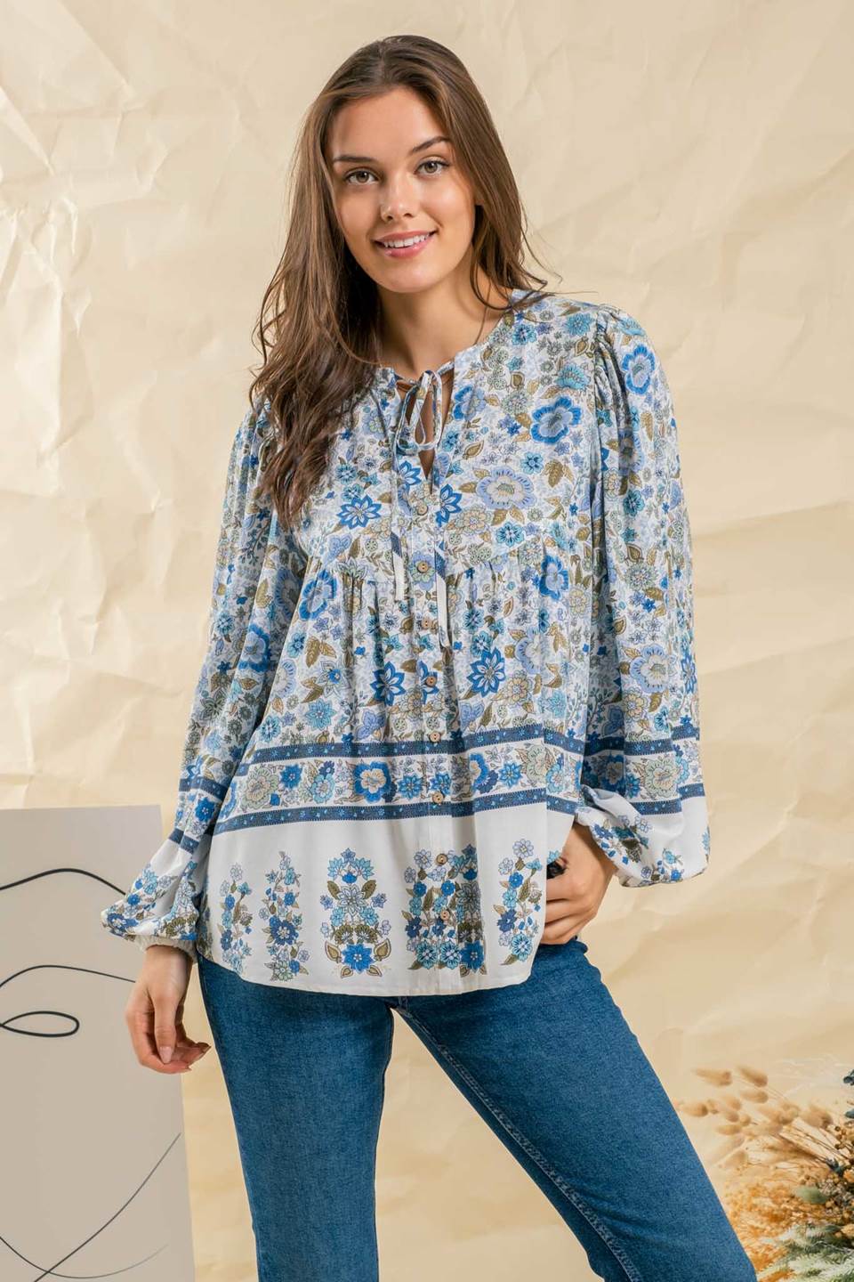 Border Print Drawstring Neckline Top