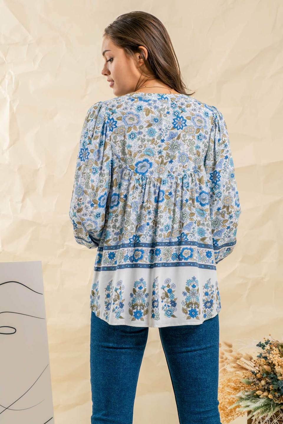 Border Print Drawstring Neckline Top