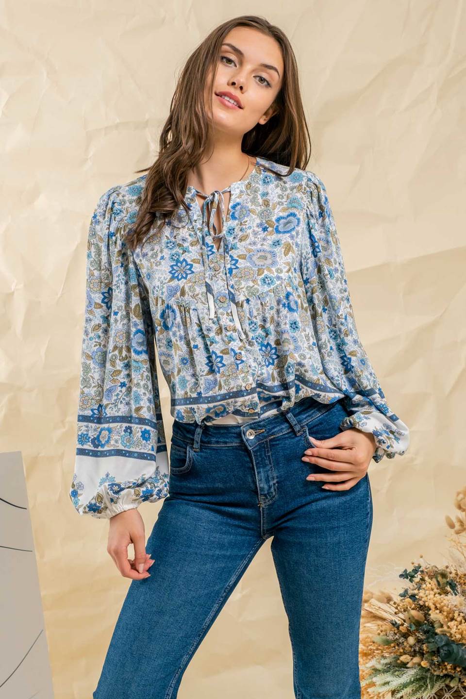 Border Print Drawstring Neckline Top