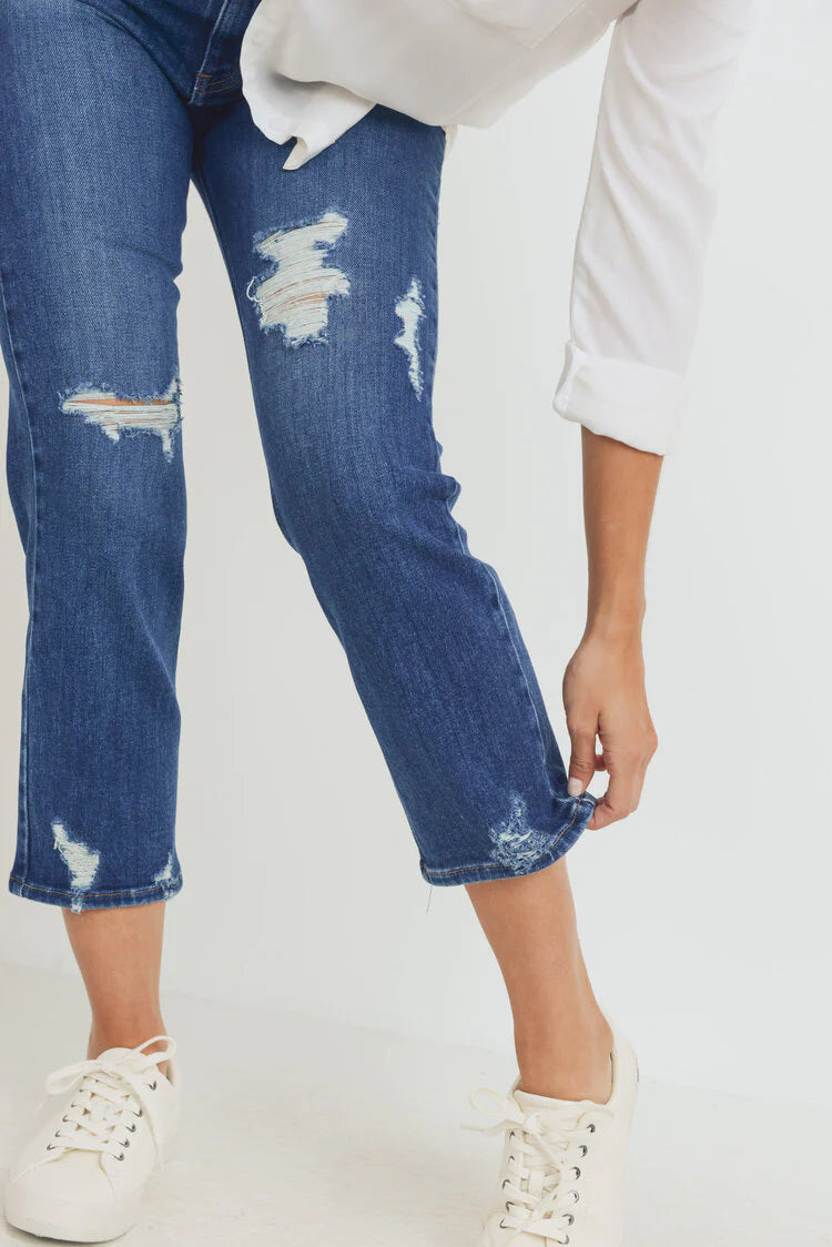 Hi Rise Cropped Straight Distressed Jeans - Dark Denim