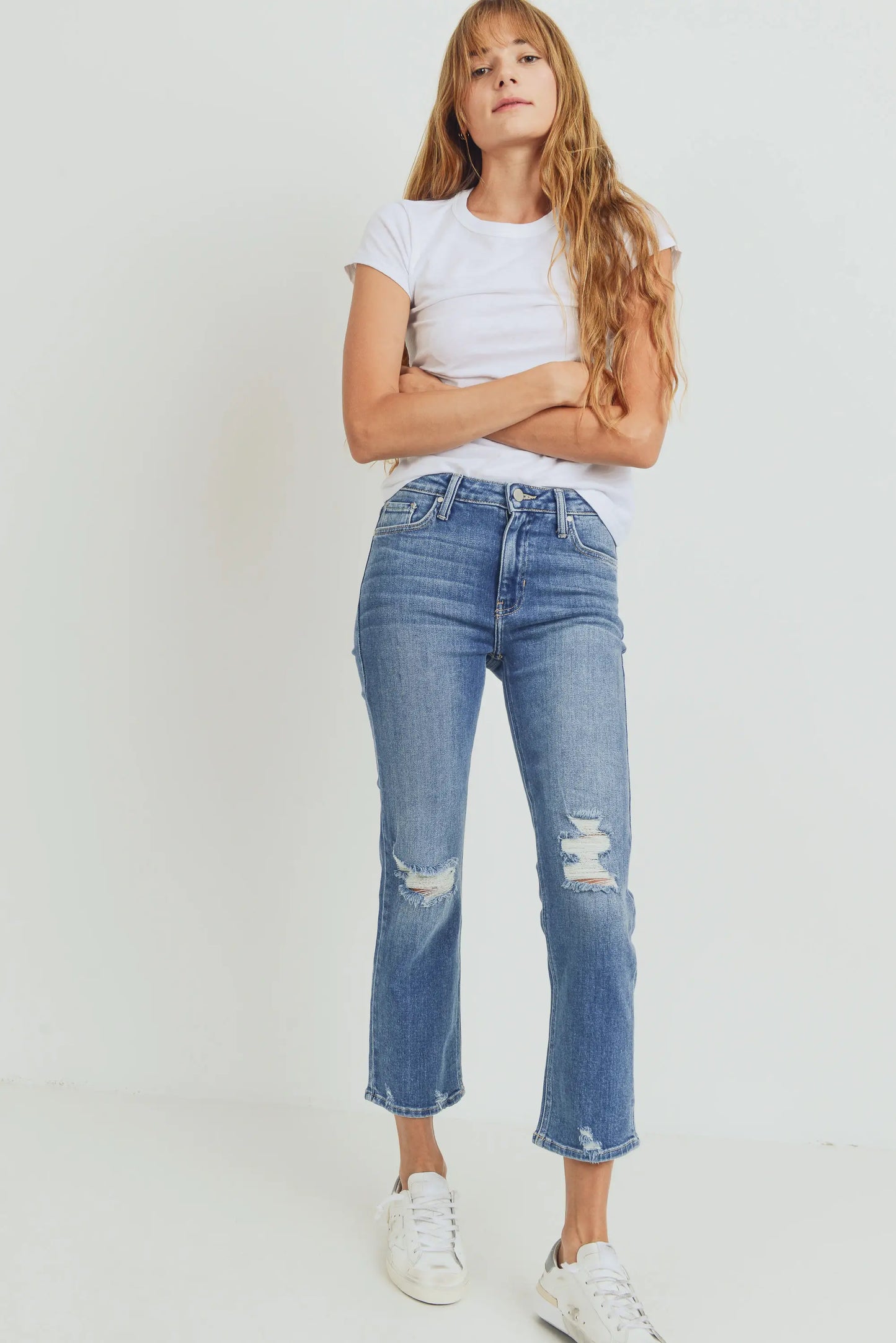 Hi Rise Cropped Straight Distressed Jeans - Medium Denim