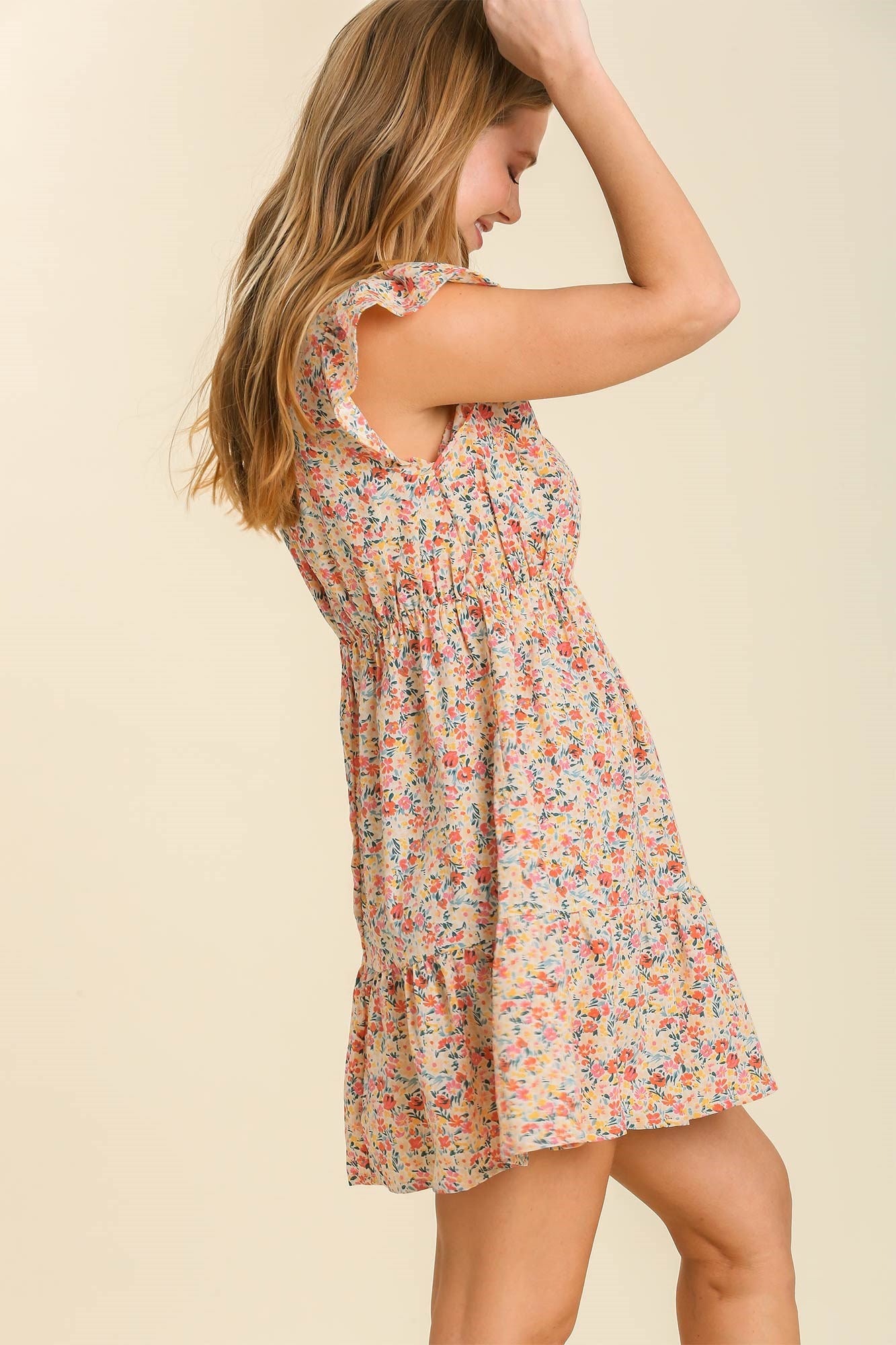 Floral Print Flutter Sleeve Neck Tie Smocked Dress