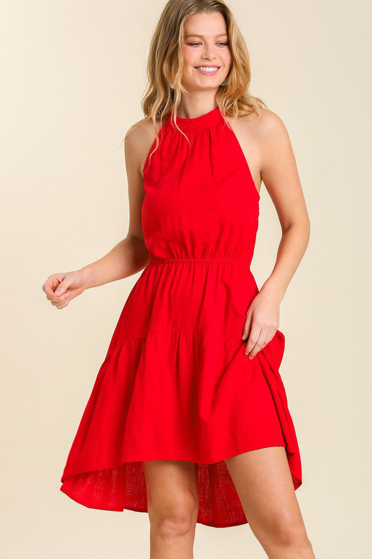 Cherry Red Halter Neck Smocked Back Dress