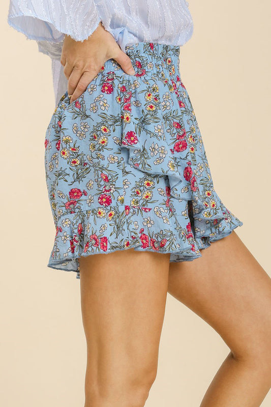Light Blue Floral Ruffled Skort