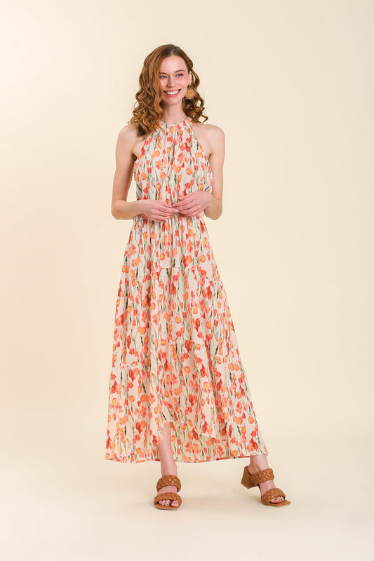 Orange Florals Halter Neck Back Neck Tie Tiered Dress