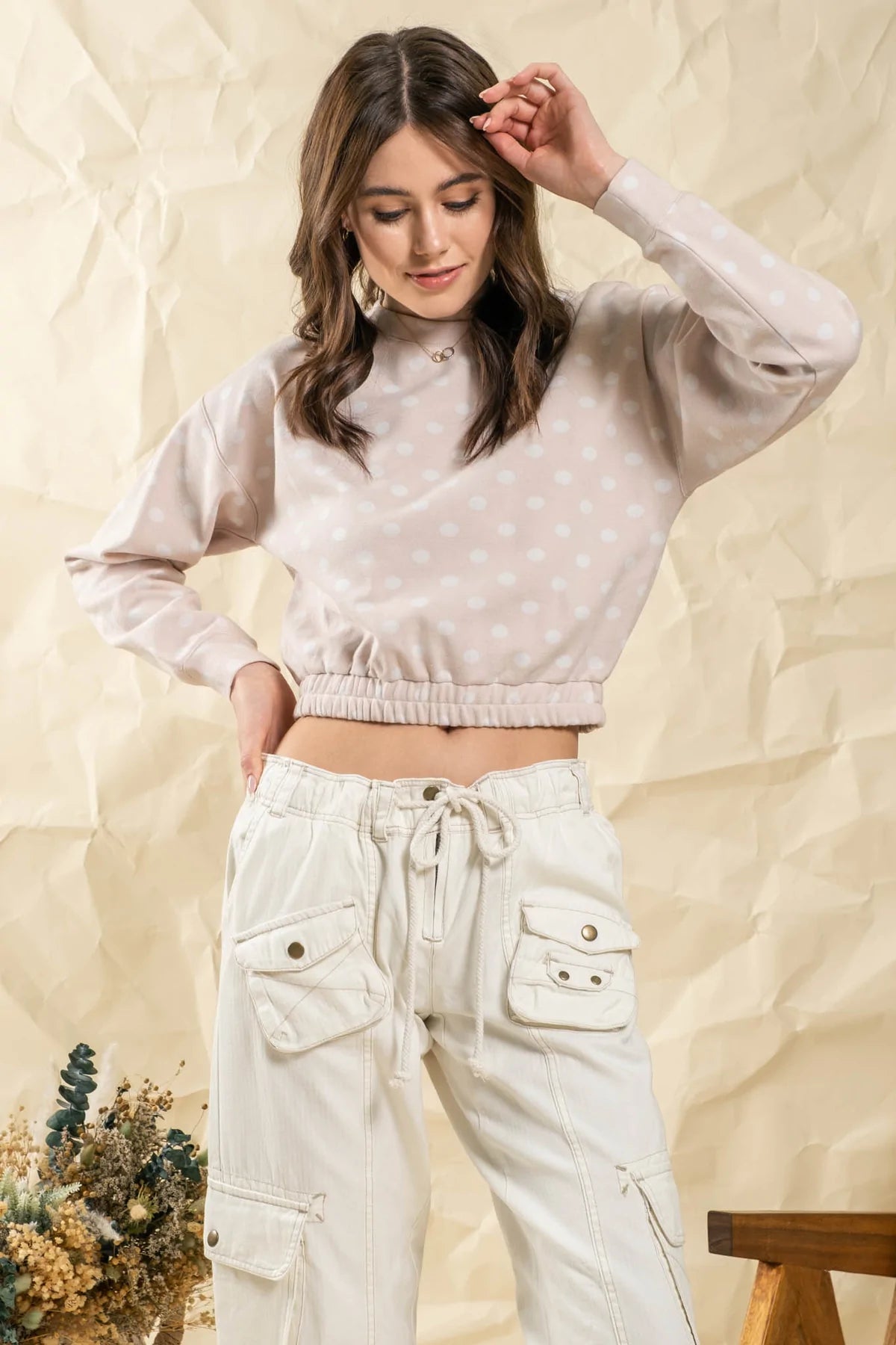 Dot Print Crew Neck Cropped Top