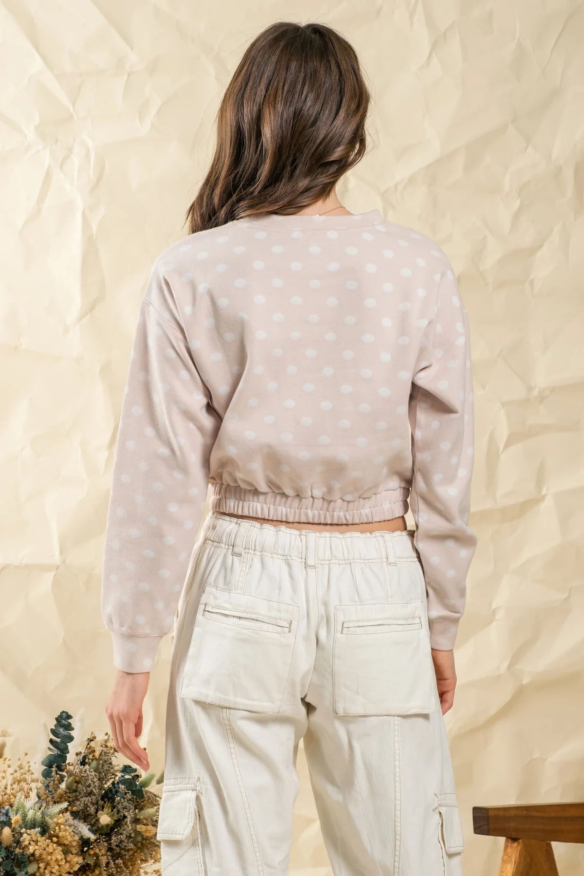 Dot Print Crew Neck Cropped Top