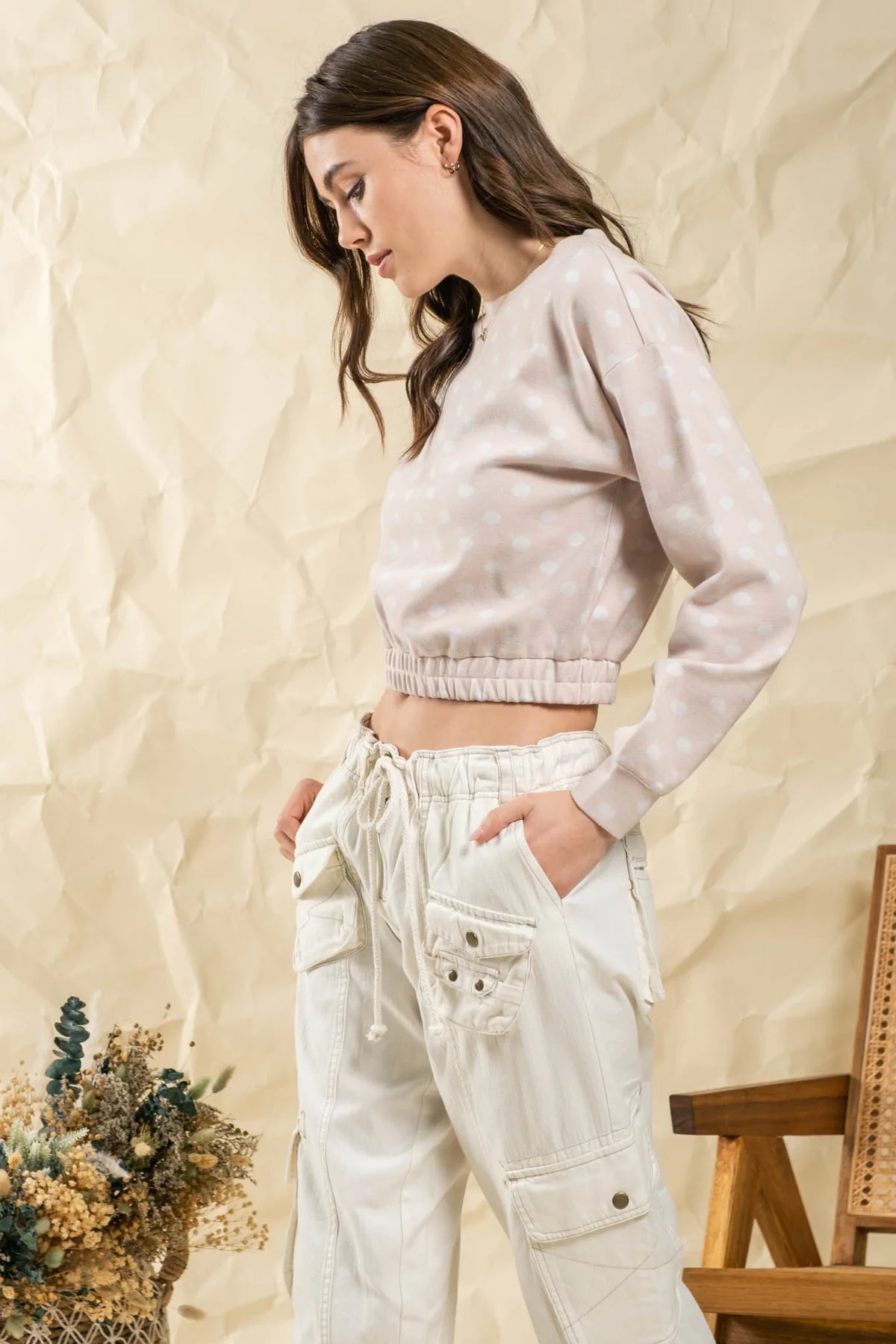 Dot Print Crew Neck Cropped Top