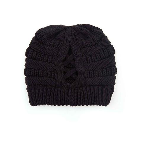 Criss Cross Back Knit Ponytail Beanie - Available in Multiple Colors