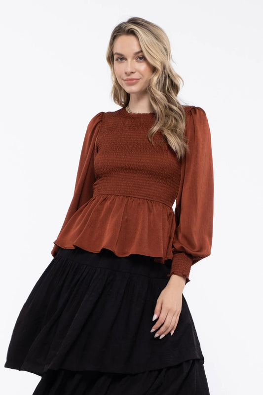 Satin Smocked Long Sleeve Keyhole Back Top
