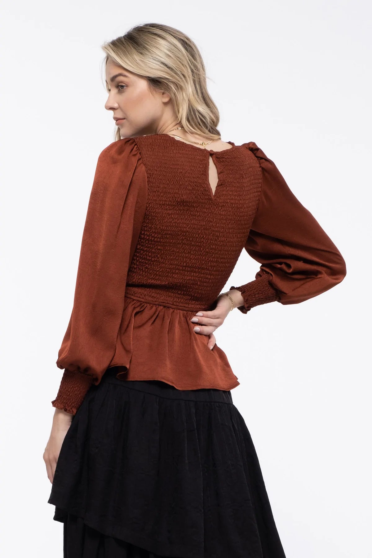 Satin Smocked Long Sleeve Keyhole Back Top