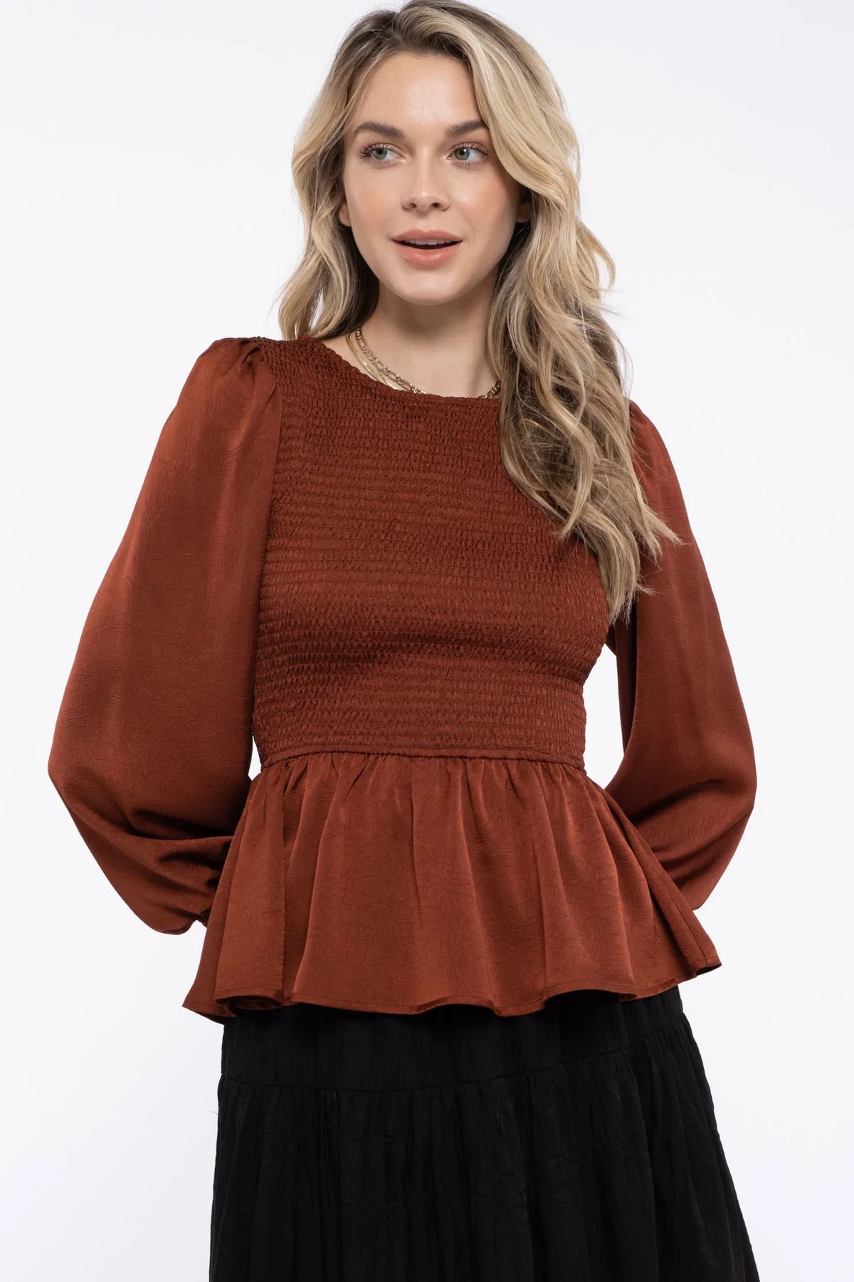 Satin Smocked Long Sleeve Keyhole Back Top