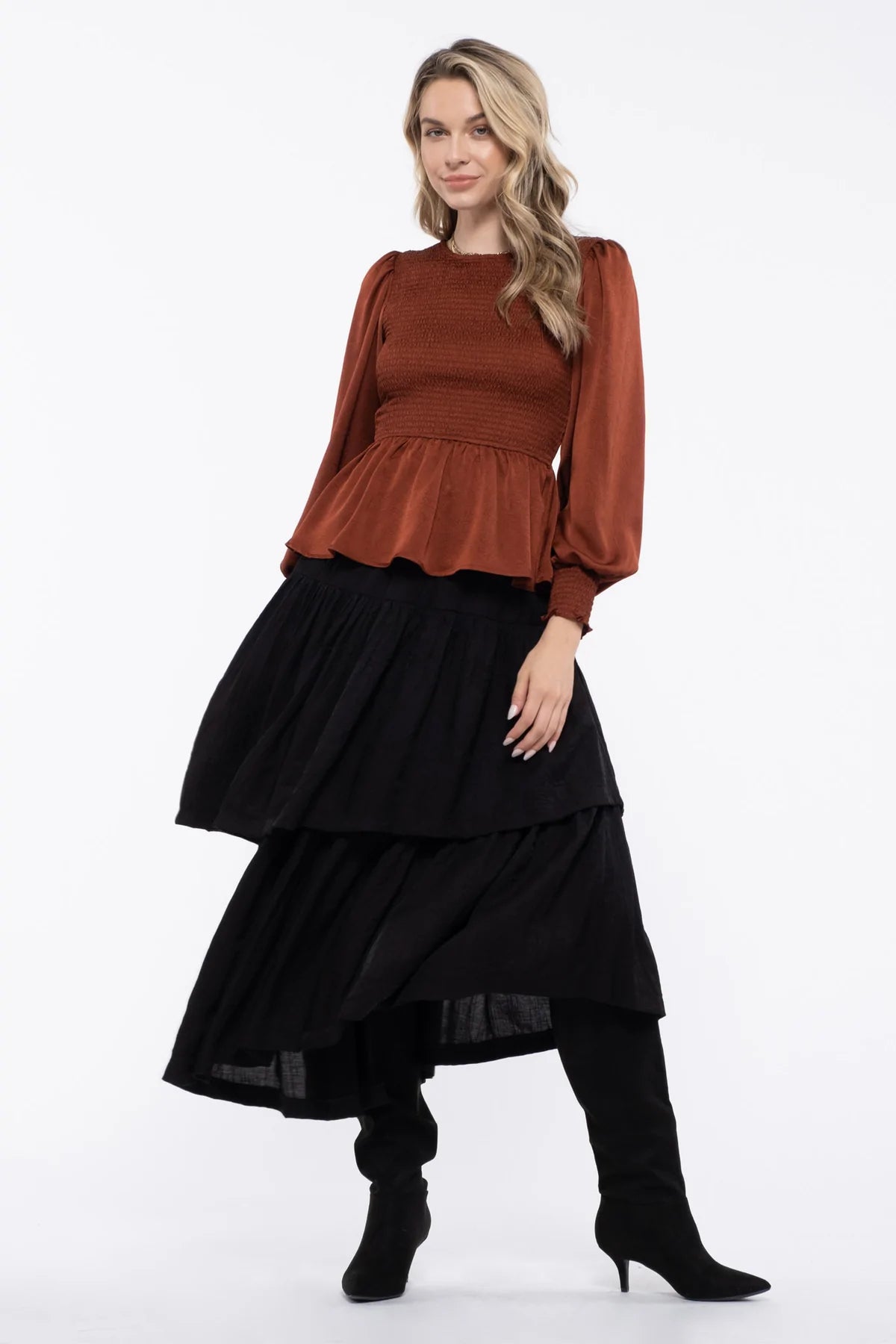 Satin Smocked Long Sleeve Keyhole Back Top