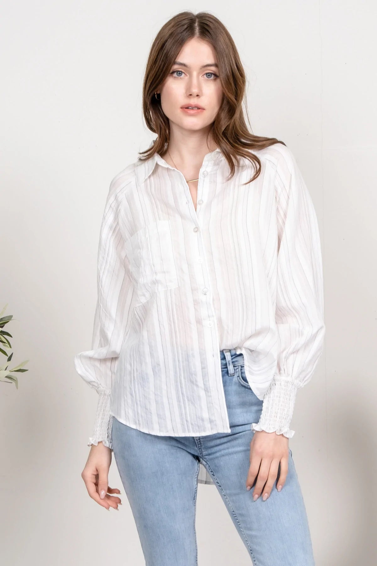 Striped Button Up White Top