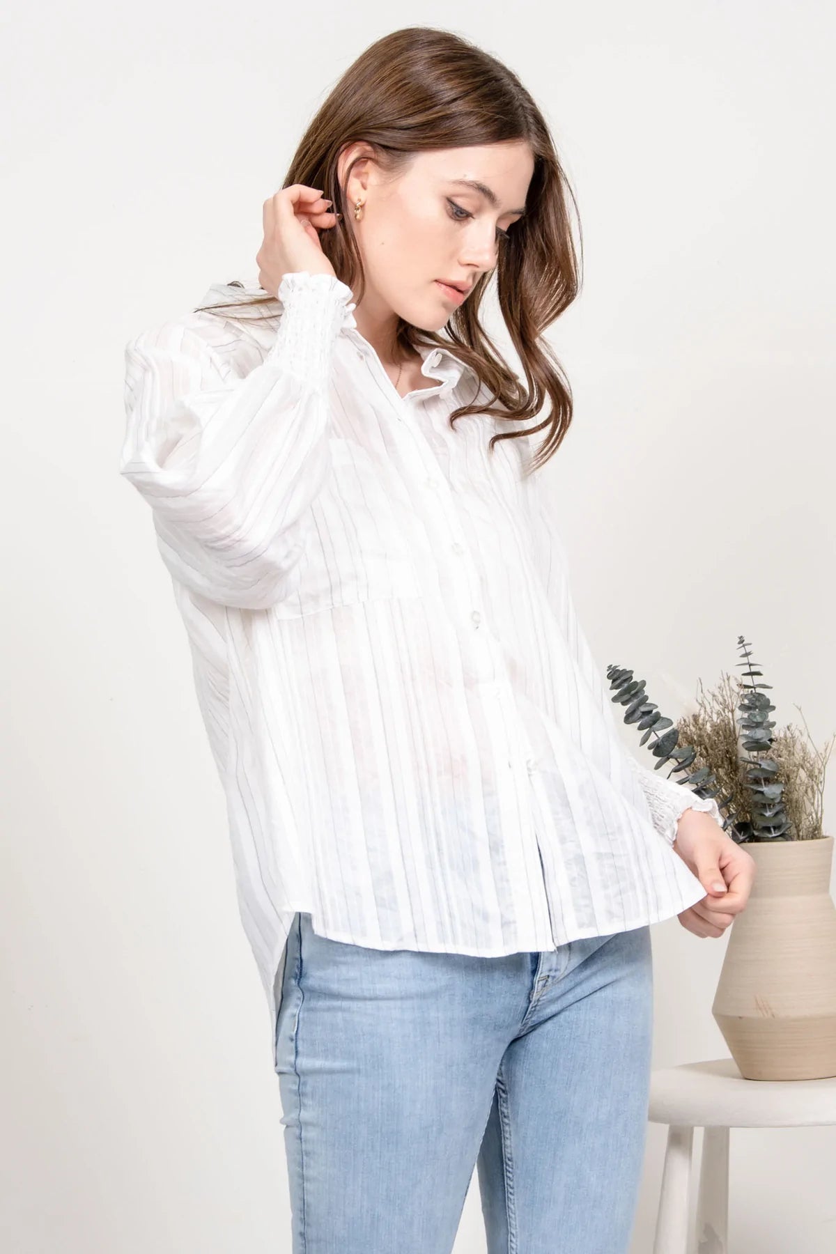 Striped Button Up White Top