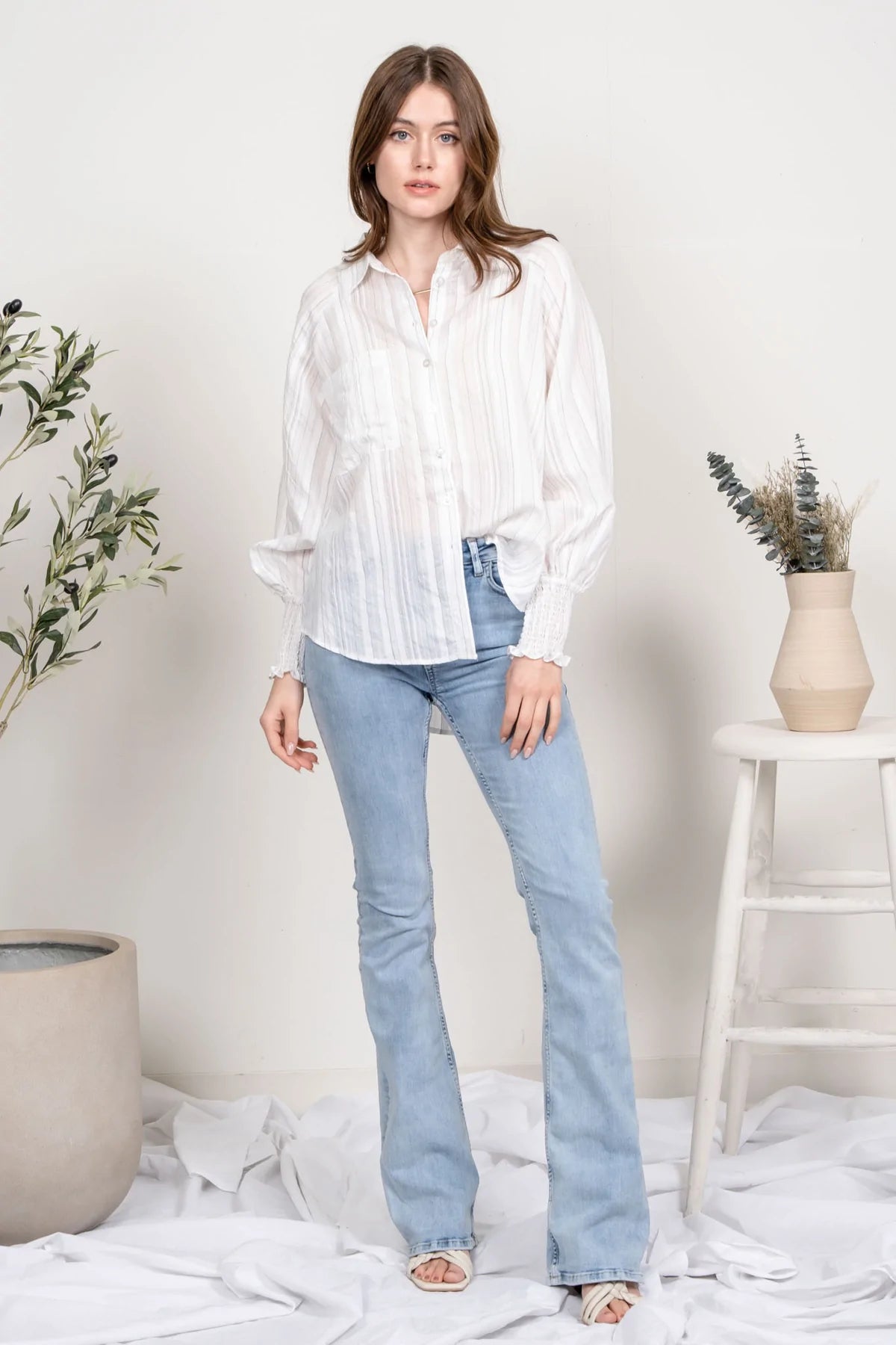 Striped Button Up White Top