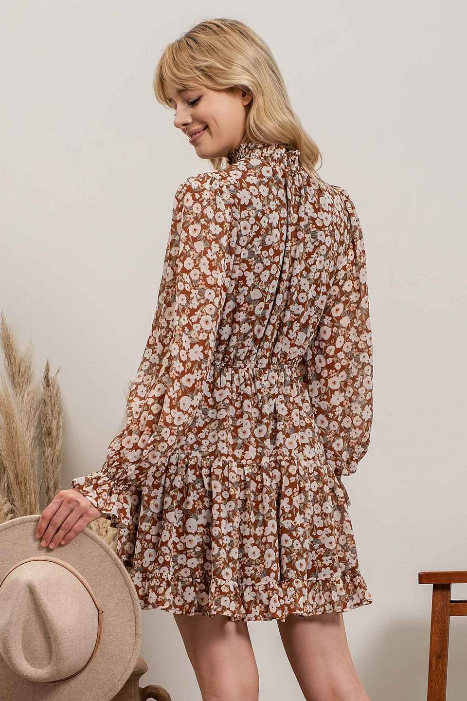 High Neck Long Sleeve Floral Print Mini Dess