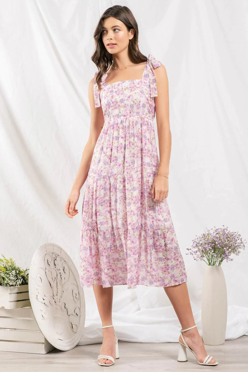 Ribbon Tie Floral Print Pink Dress