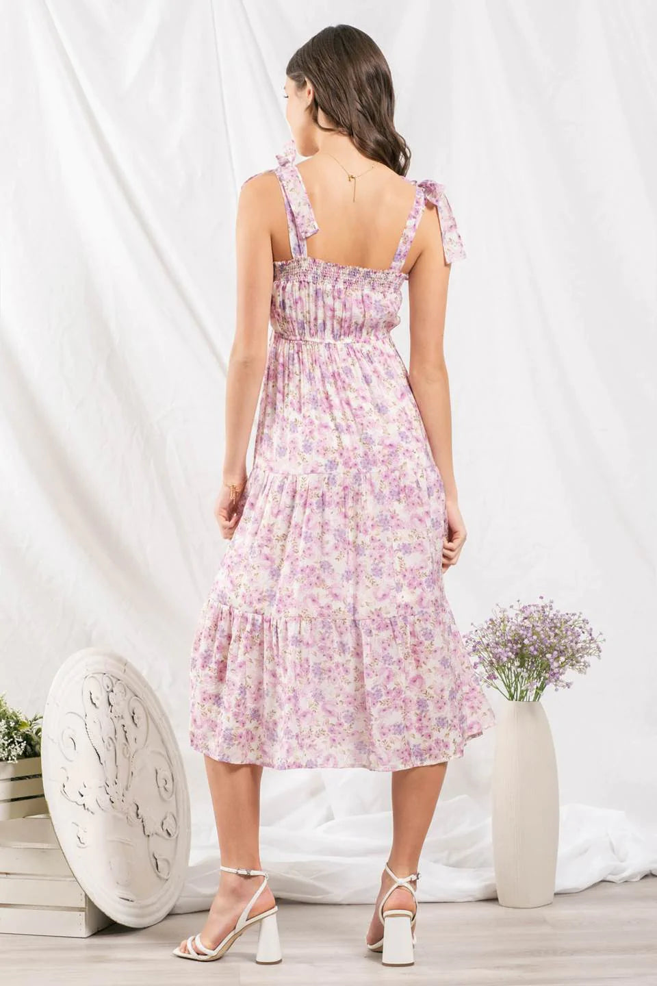 Ribbon Tie Floral Print Pink Dress