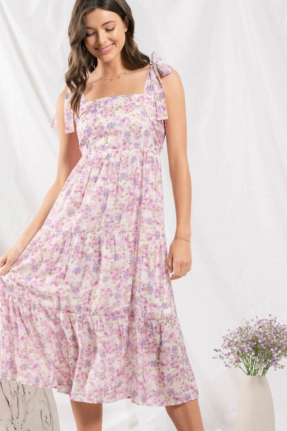Ribbon Tie Floral Print Pink Dress