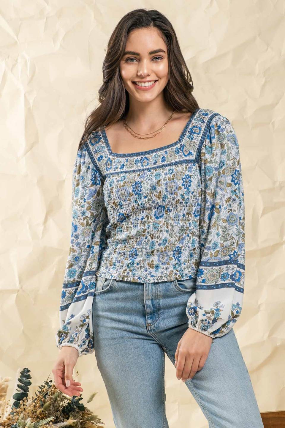 Border Print Square Neckline Bishop Sleeve Top