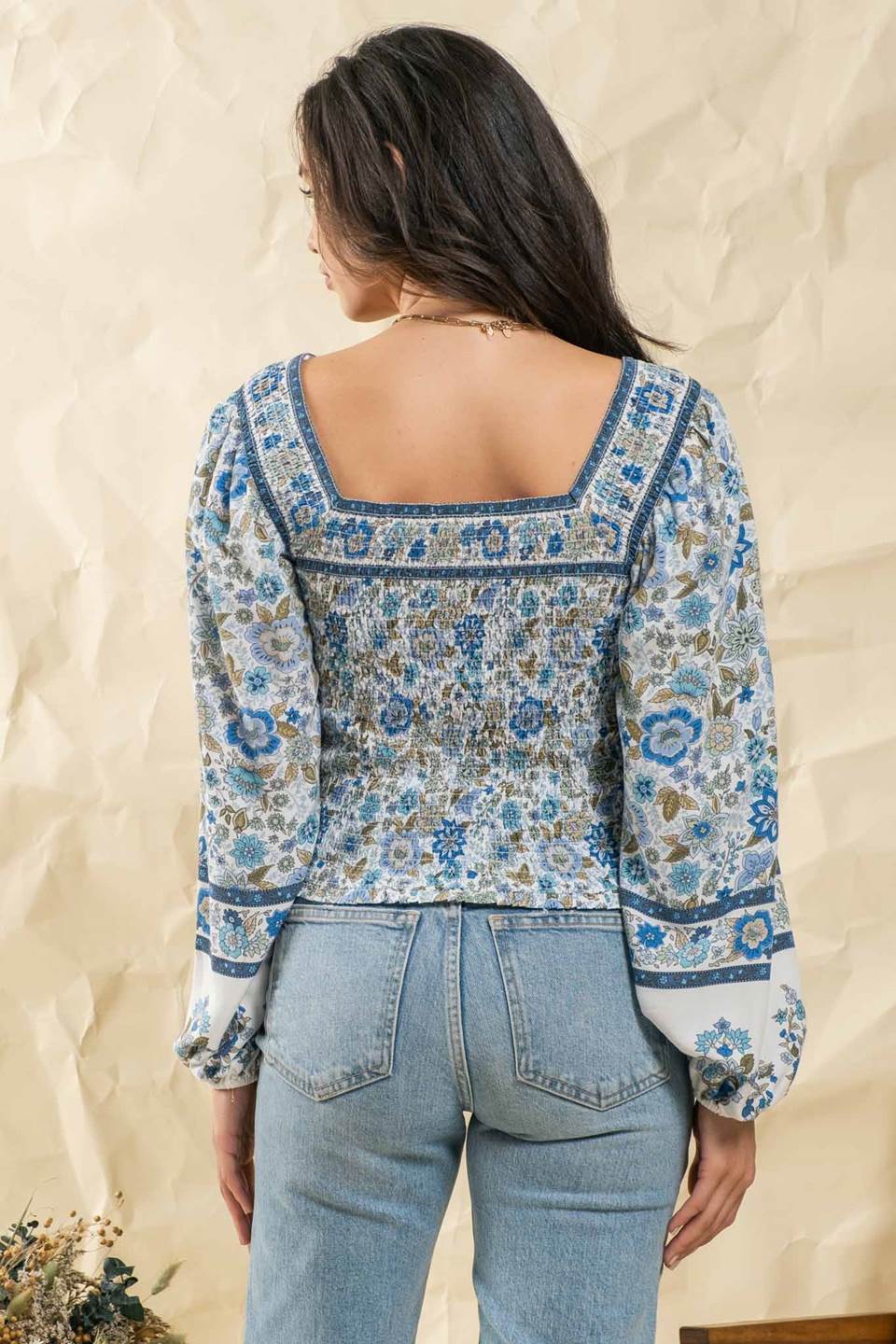 Border Print Square Neckline Bishop Sleeve Top