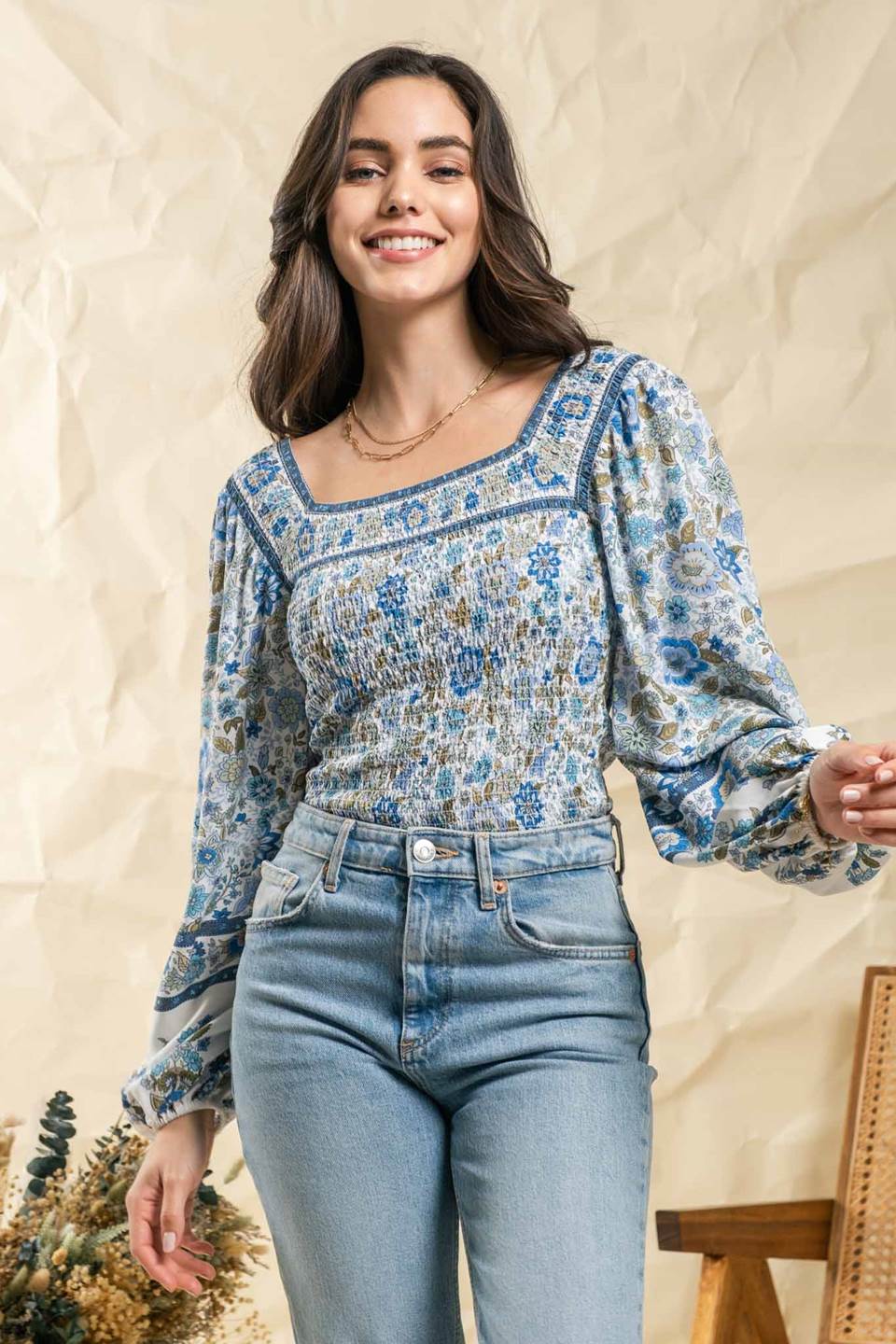 Border Print Square Neckline Bishop Sleeve Top