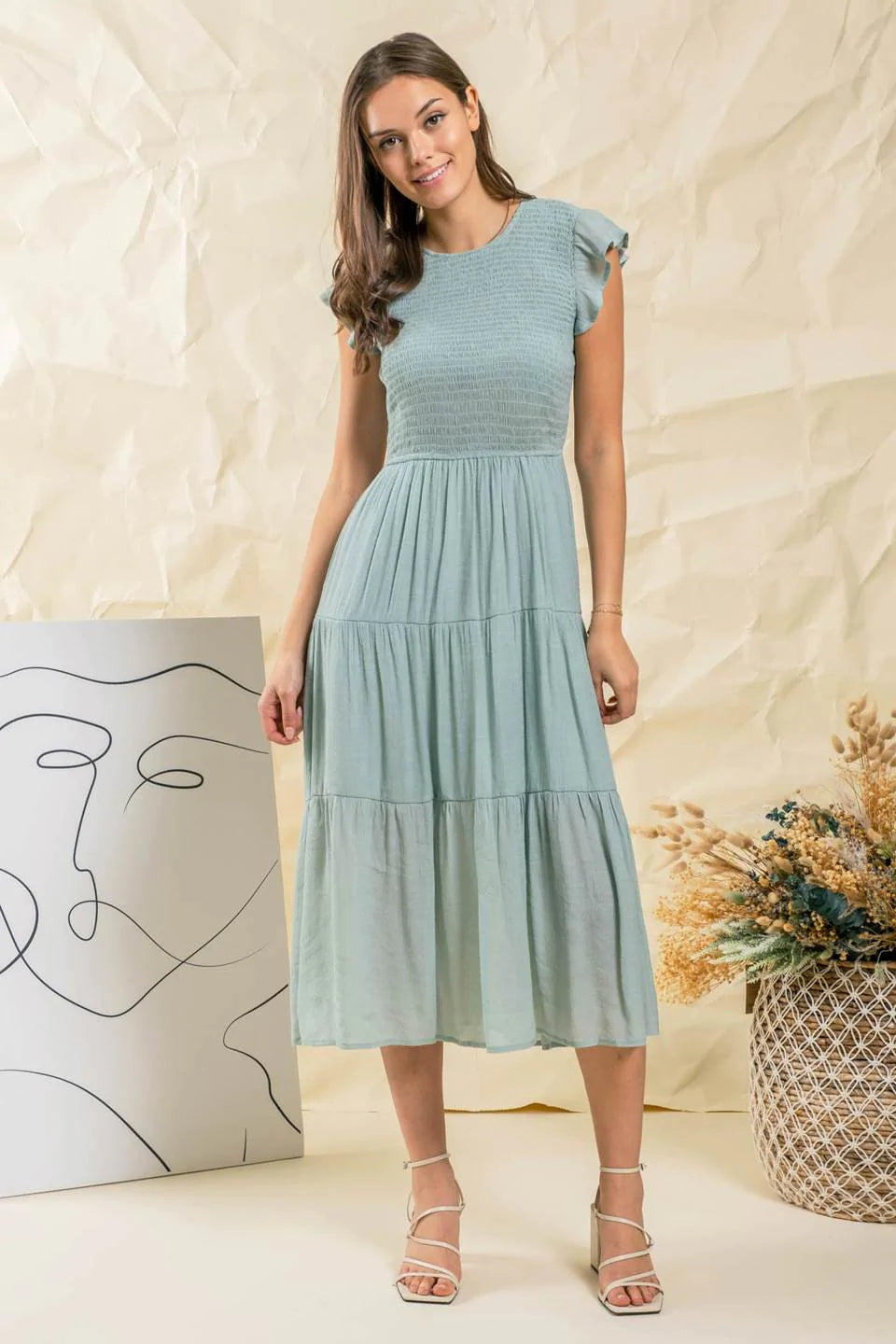 Short Ruffle Sleeve Smocked Tiered Midi Dress