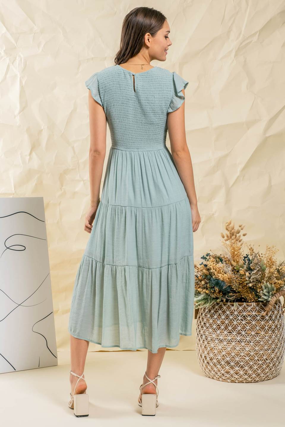 Short Ruffle Sleeve Smocked Tiered Midi Dress