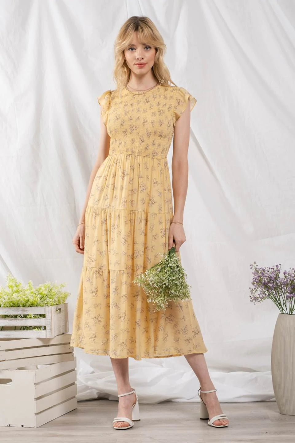 Smocked Yellow Floral Midi Dress