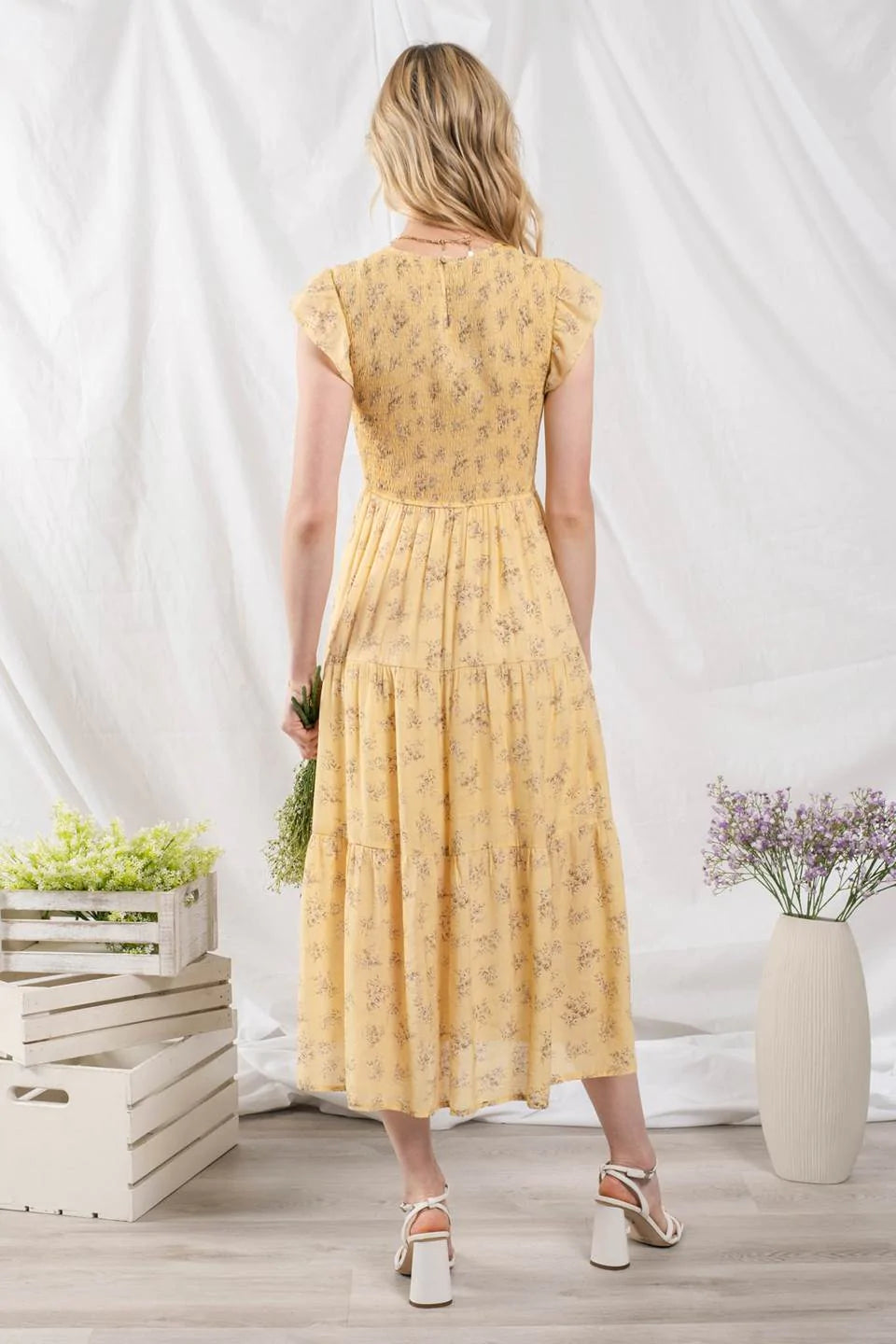 Smocked Yellow Floral Midi Dress