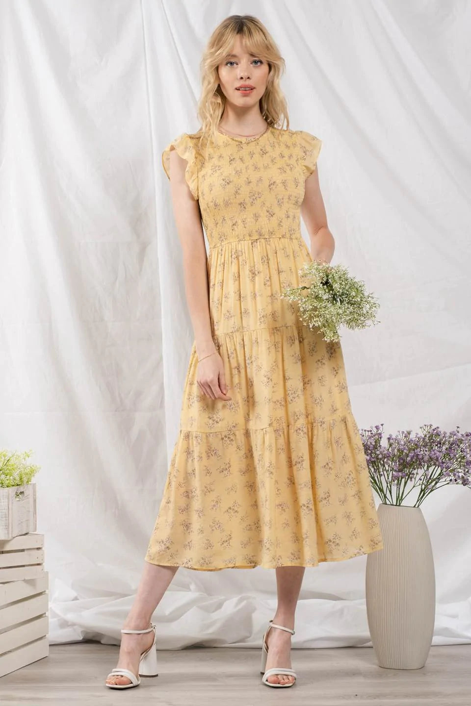 Smocked Yellow Floral Midi Dress