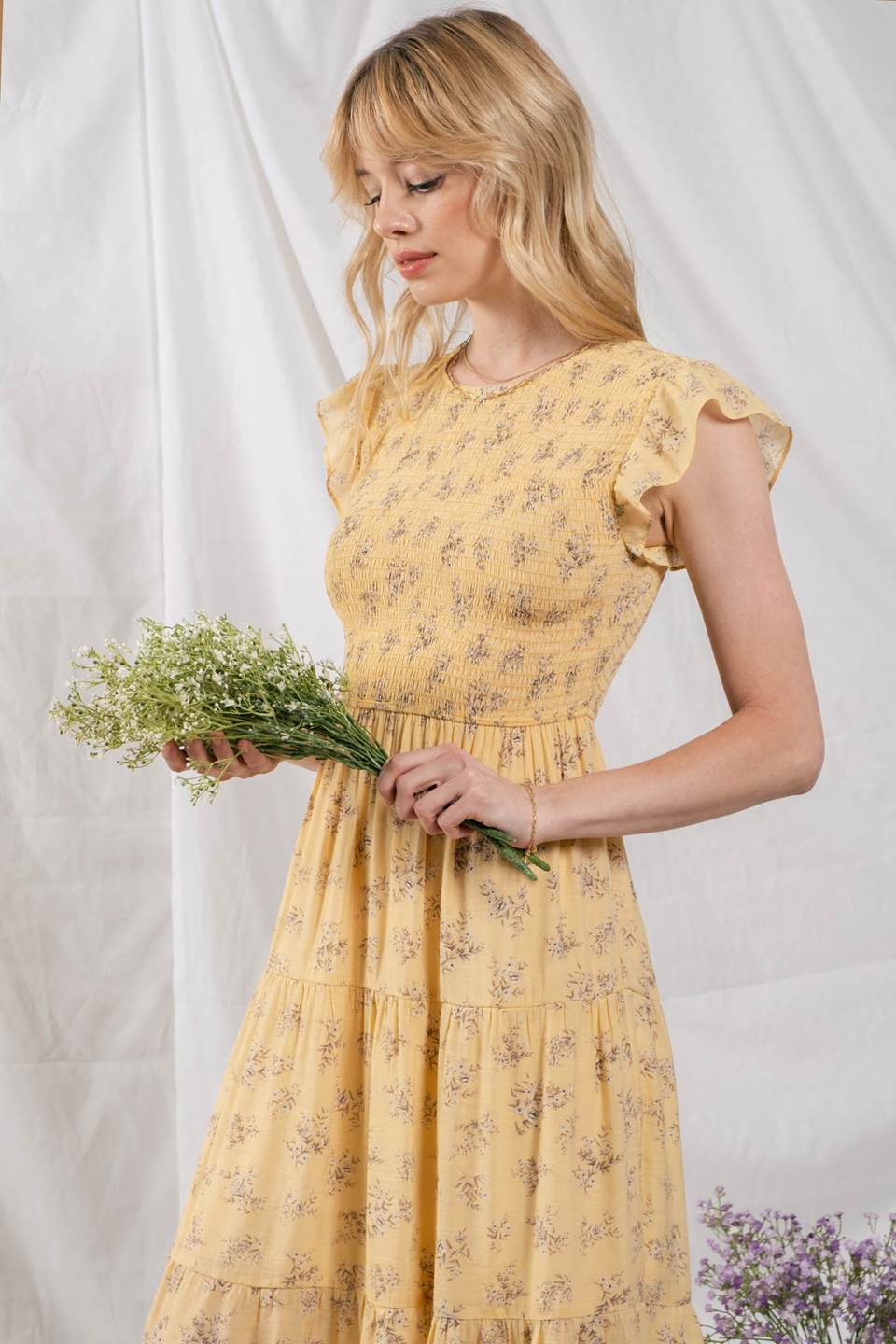 Smocked Yellow Floral Midi Dress