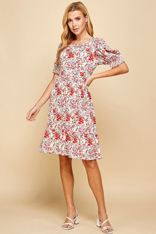Smocked Sleeve Red and Pink Floral Dress