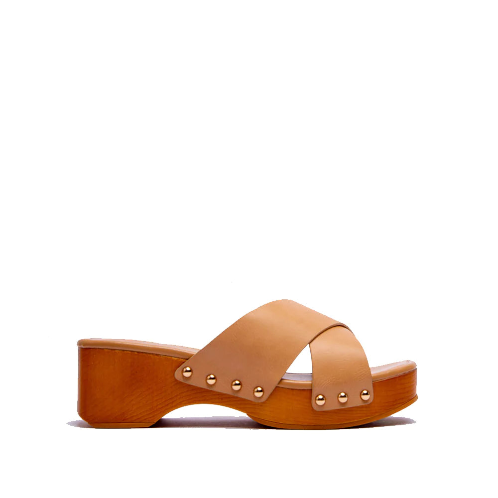 Crossed Tan Band Studded Slide