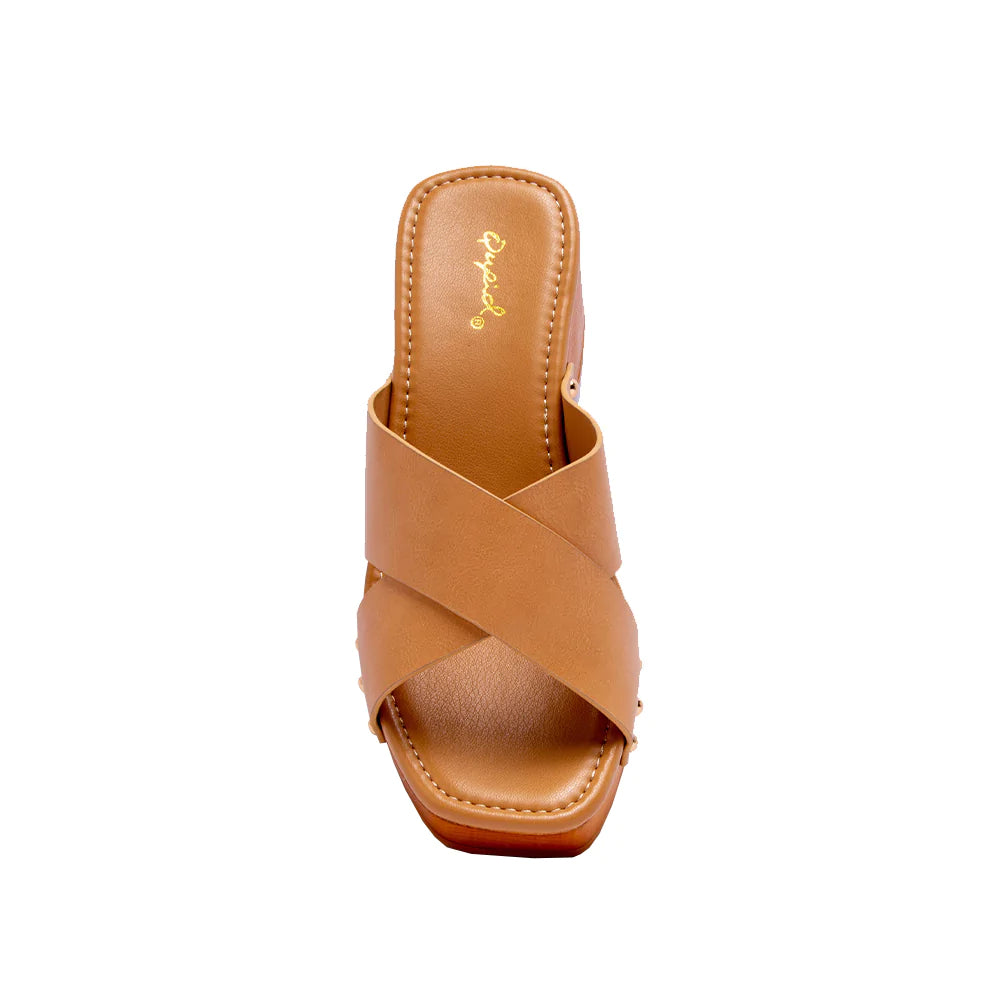 Crossed Tan Band Studded Slide