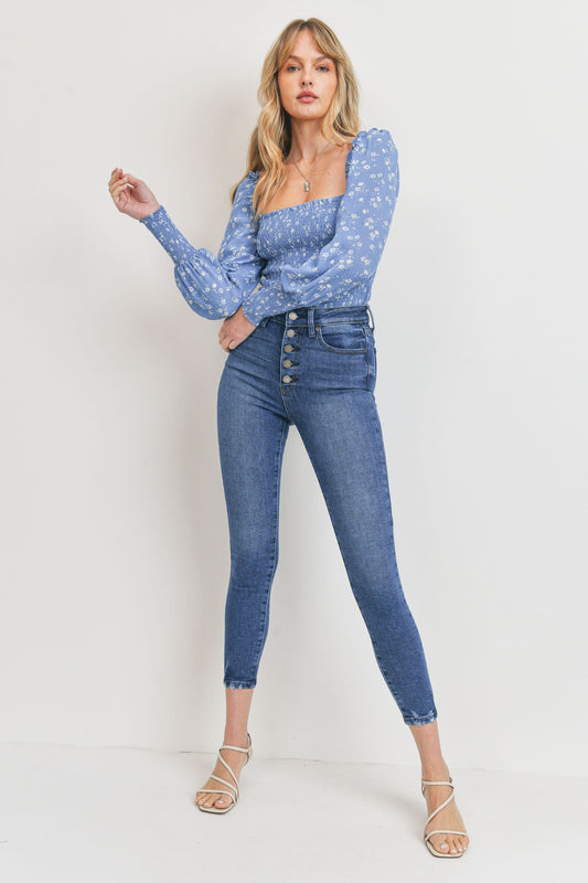High Rise Button Up Ankle Fray Skinny Jeans - Dark Denim Wash