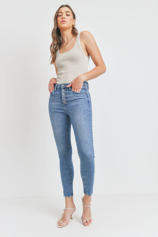High Rise Button Up Ankle Fray Skinny Jeans - Medium Wash