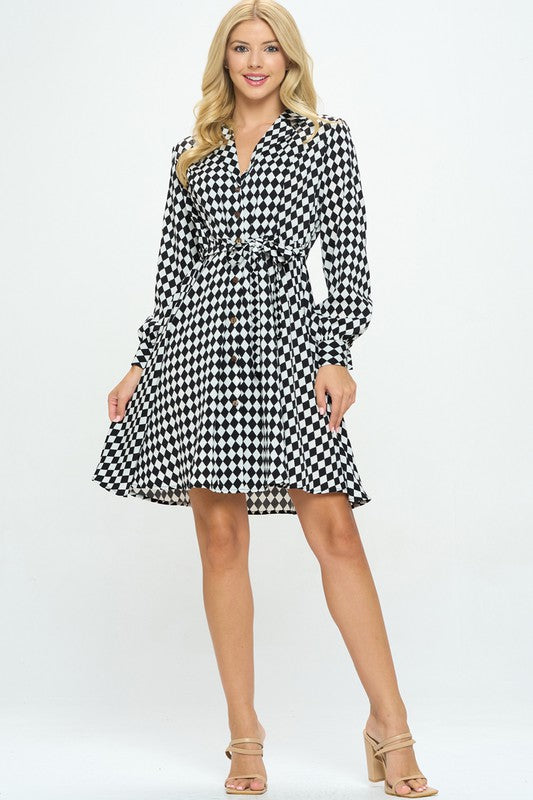 Checkered Print V-Neck Collared Mini Dress