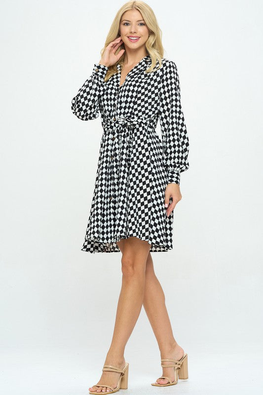 Checkered Print V-Neck Collared Mini Dress