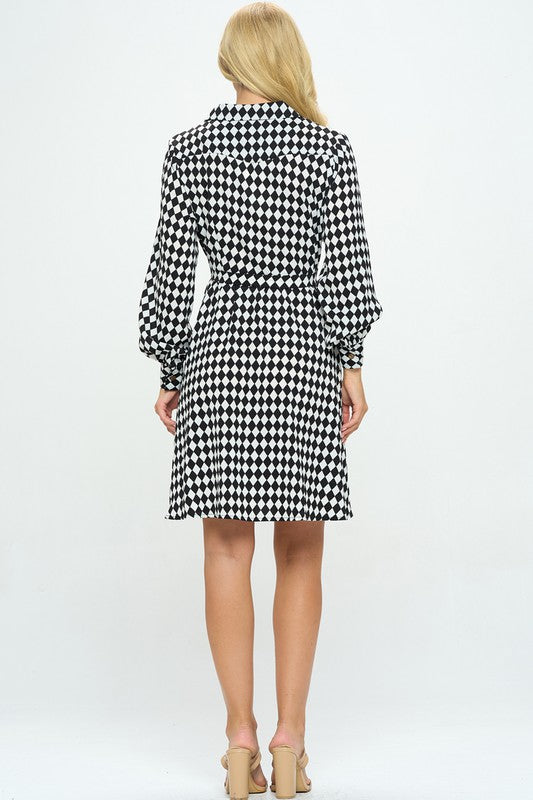 Checkered Print V-Neck Collared Mini Dress