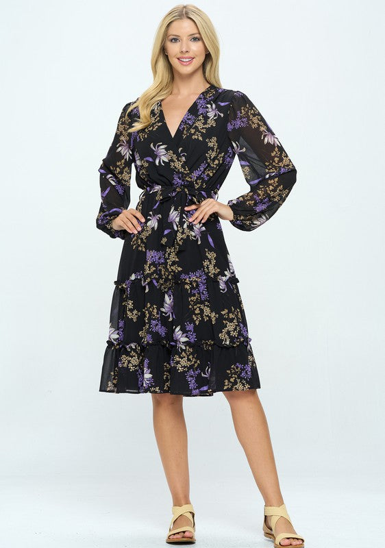 Purple and Gold Floral Print V-Neck Collar Dress