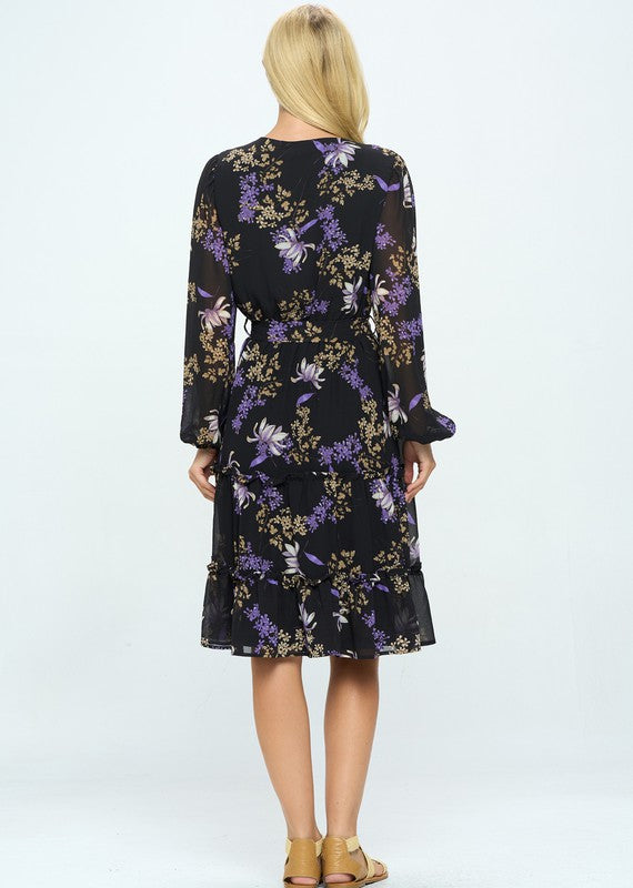 Purple and Gold Floral Print V-Neck Collar Dress