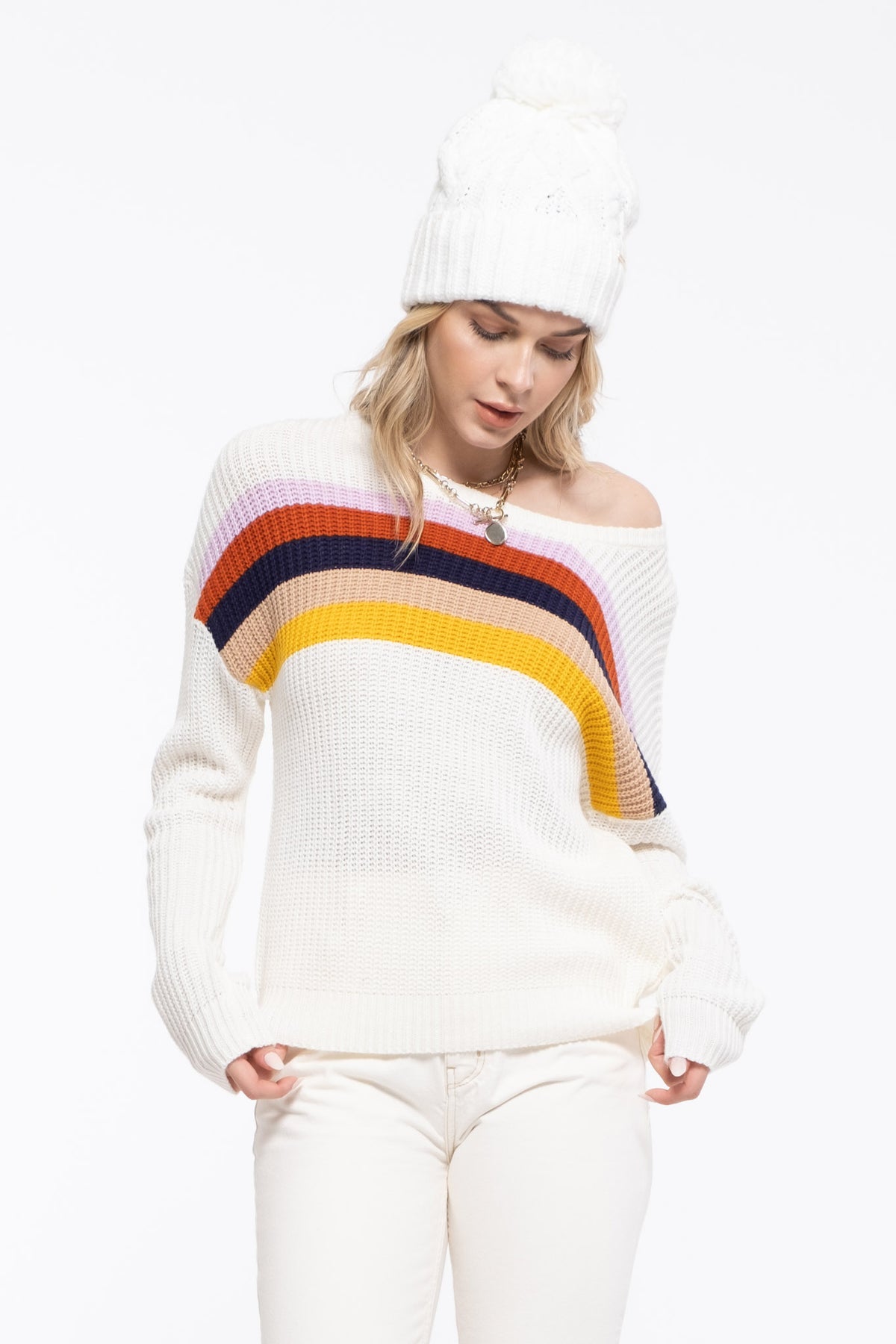 Ivory Multi Colored Striped Pullover Sweater